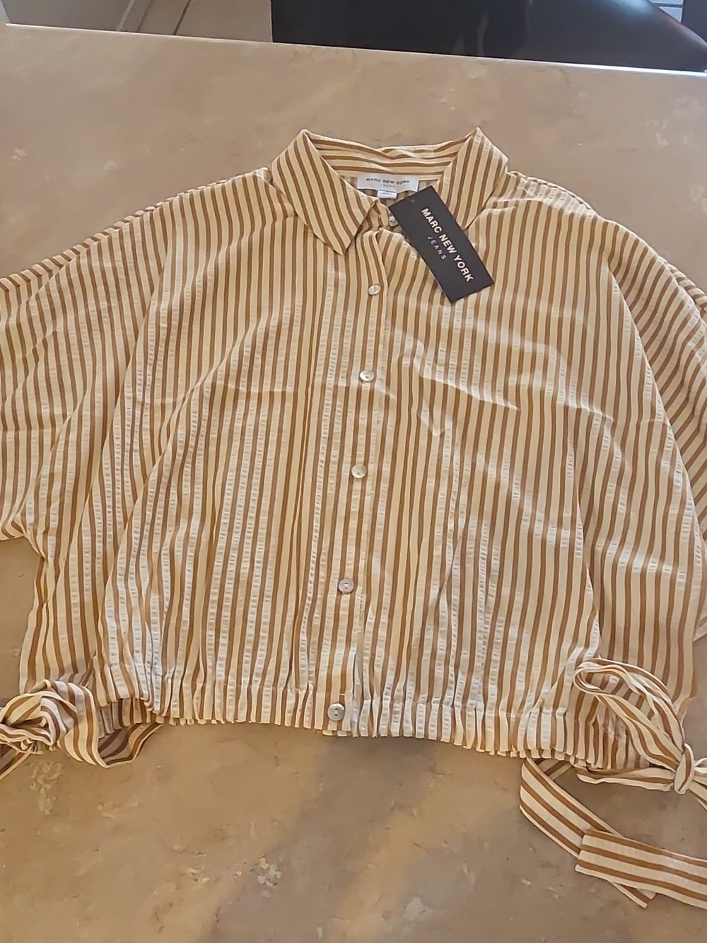 Marc New York Striped Cotton Button-Front Crop Shirt in Beige/White
